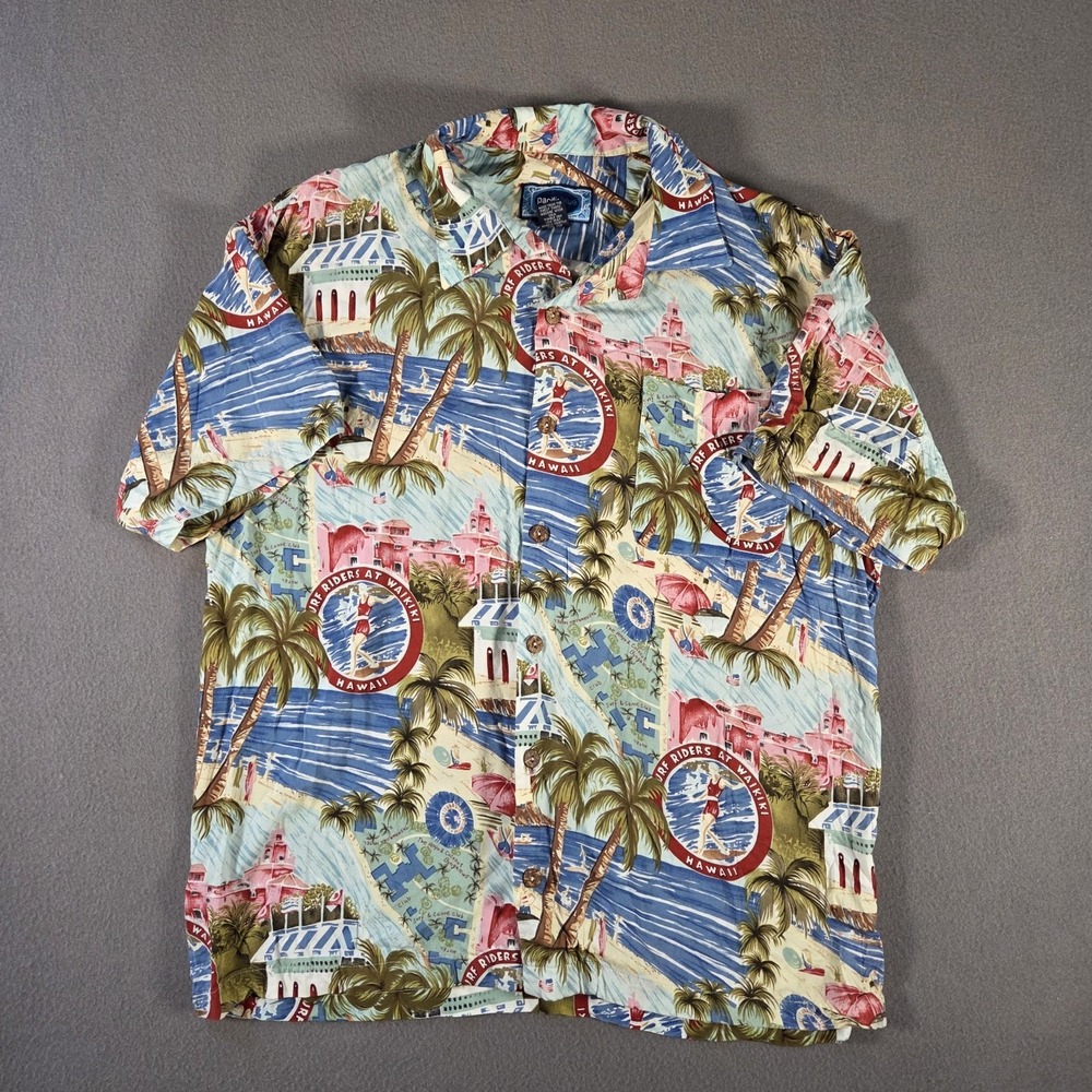 Pacific Blue Hawaiian Shirt Mens Medium Rayon Ocean Beach Graphic Print USA